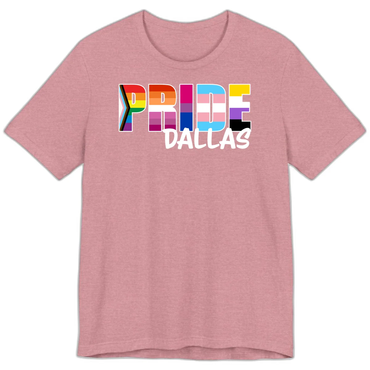Pride Dallas design with large colorful block letters filled with rainbow and pride flag colors including progress chevron stripes in Heather Orchid