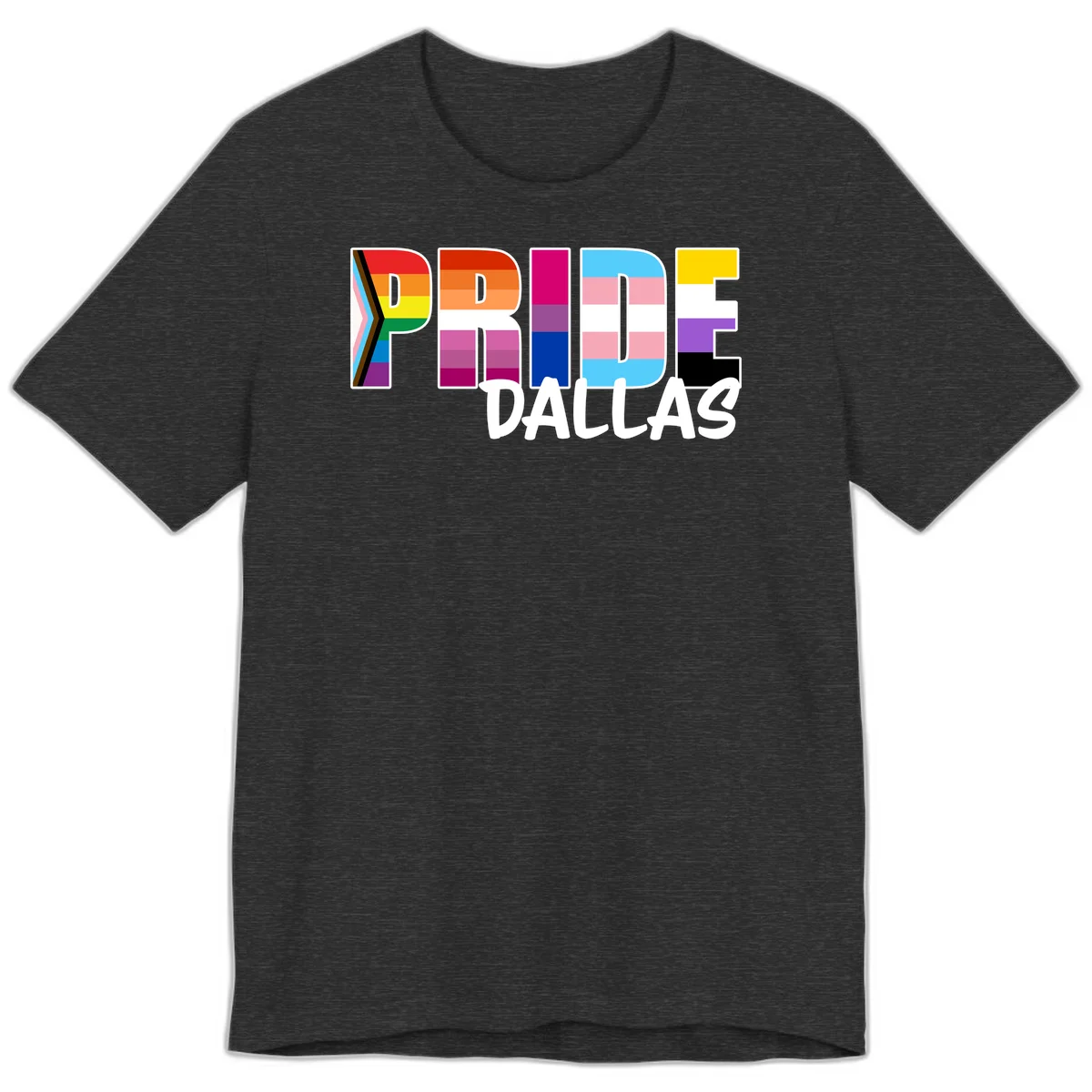 Pride Dallas design with large colorful block letters filled with rainbow and pride flag colors including progress chevron stripes in Dark Grey Heather