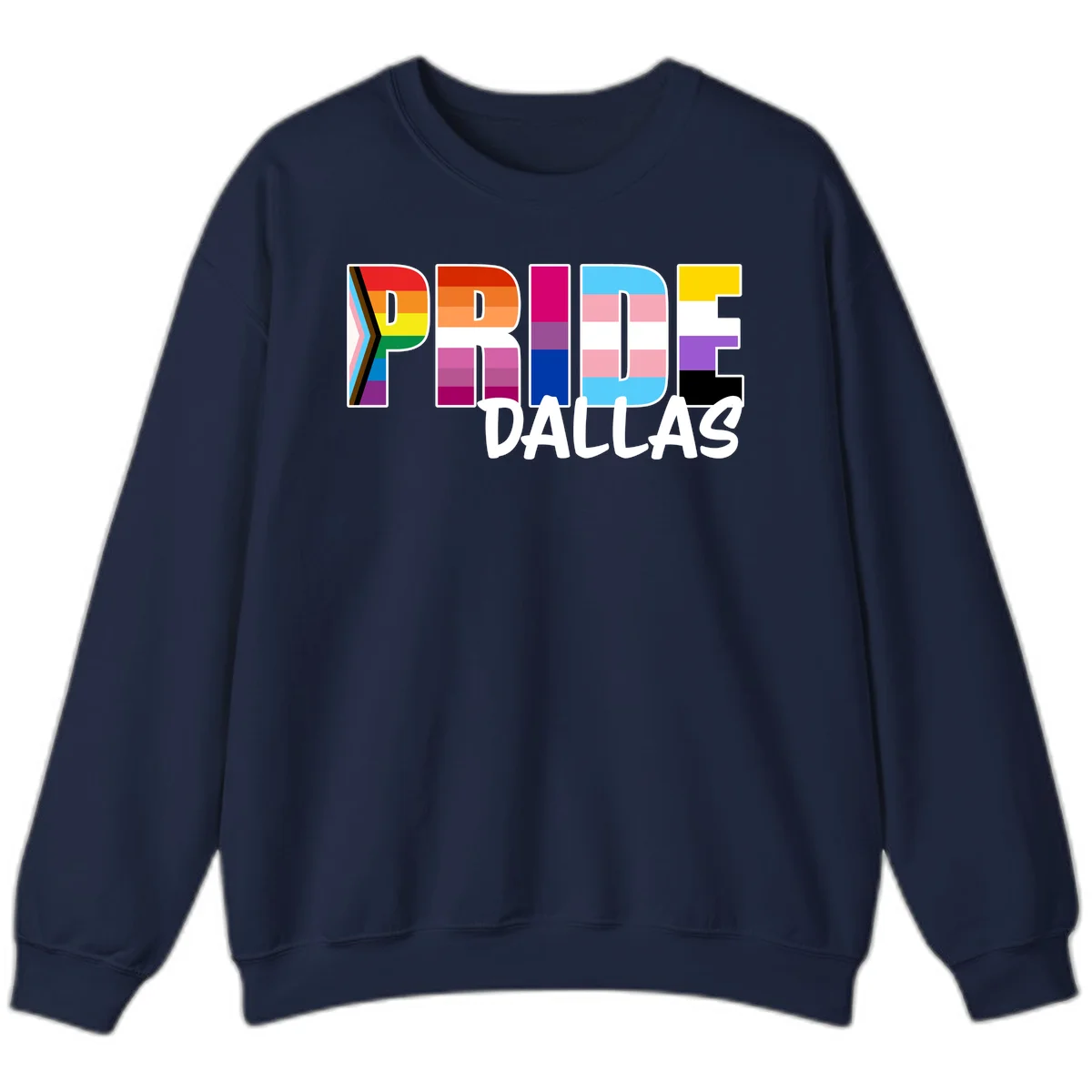 Pride Dallas design with large colorful block letters filled with rainbow and pride flag colors including progress chevron stripes in Navy