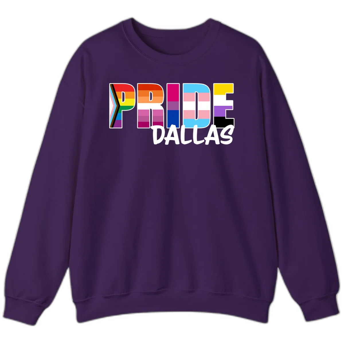 Pride Dallas design with large colorful block letters filled with rainbow and pride flag colors including progress chevron stripes in Purple