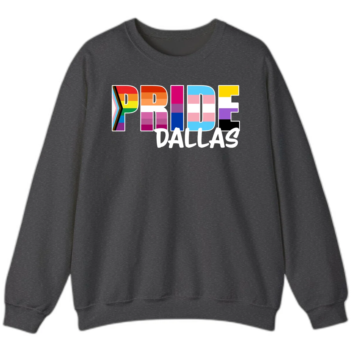 Pride Dallas design with large colorful block letters filled with rainbow and pride flag colors including progress chevron stripes in Dark Heather