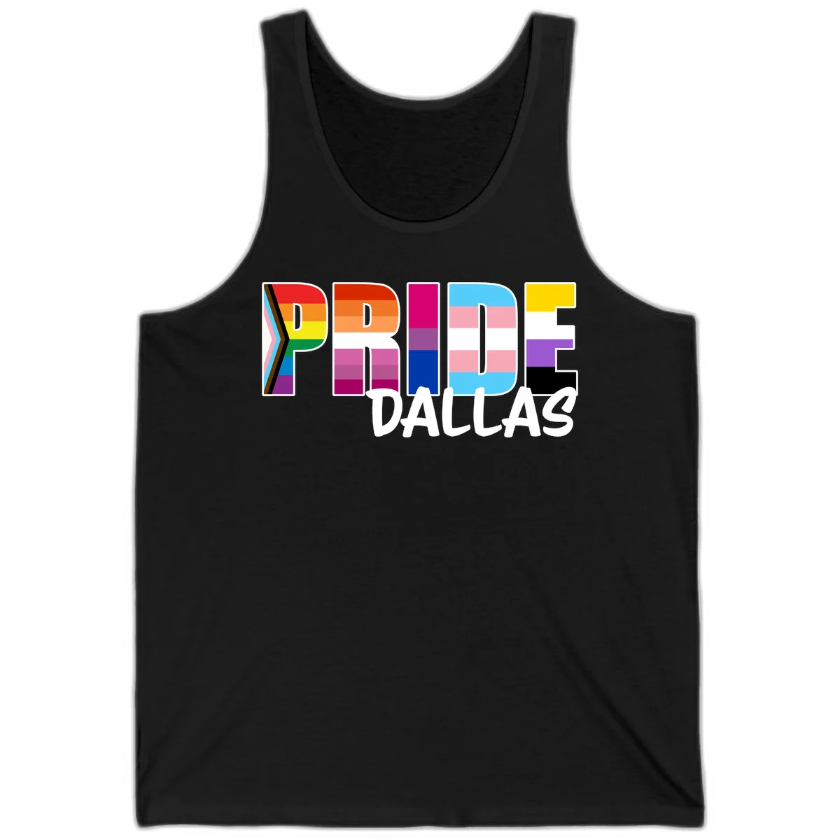 Pride Dallas design with large colorful block letters filled with rainbow and pride flag colors including progress chevron stripes in Black