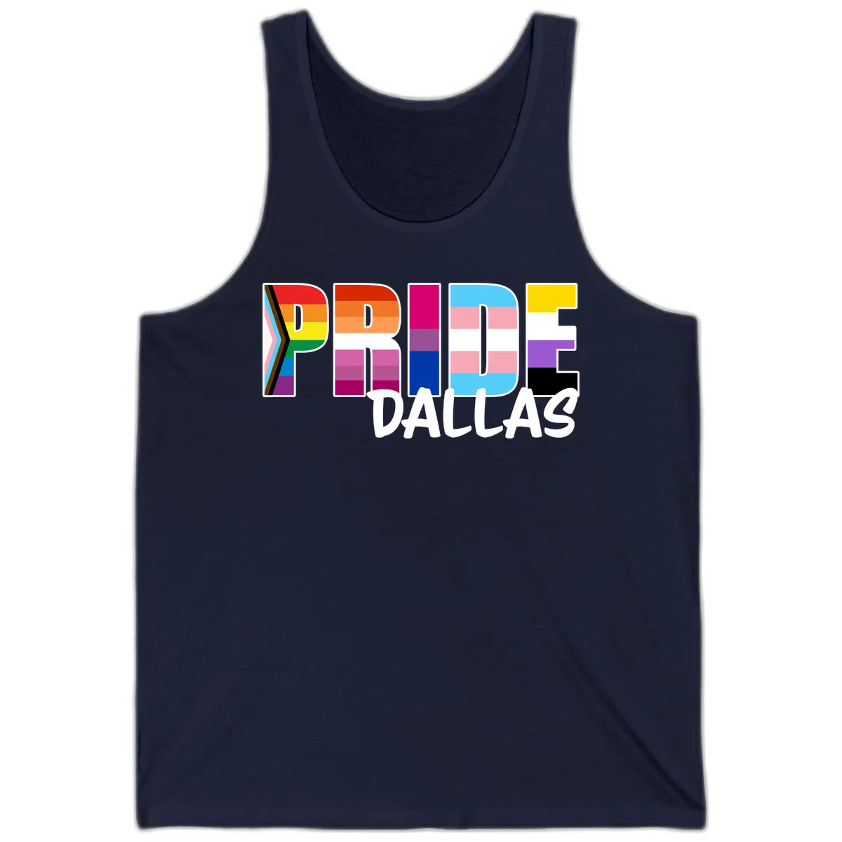 Pride Dallas design with large colorful block letters filled with rainbow and pride flag colors including progress chevron stripes in Navy