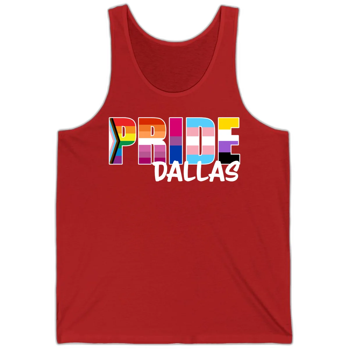 Pride Dallas design with large colorful block letters filled with rainbow and pride flag colors including progress chevron stripes in Red