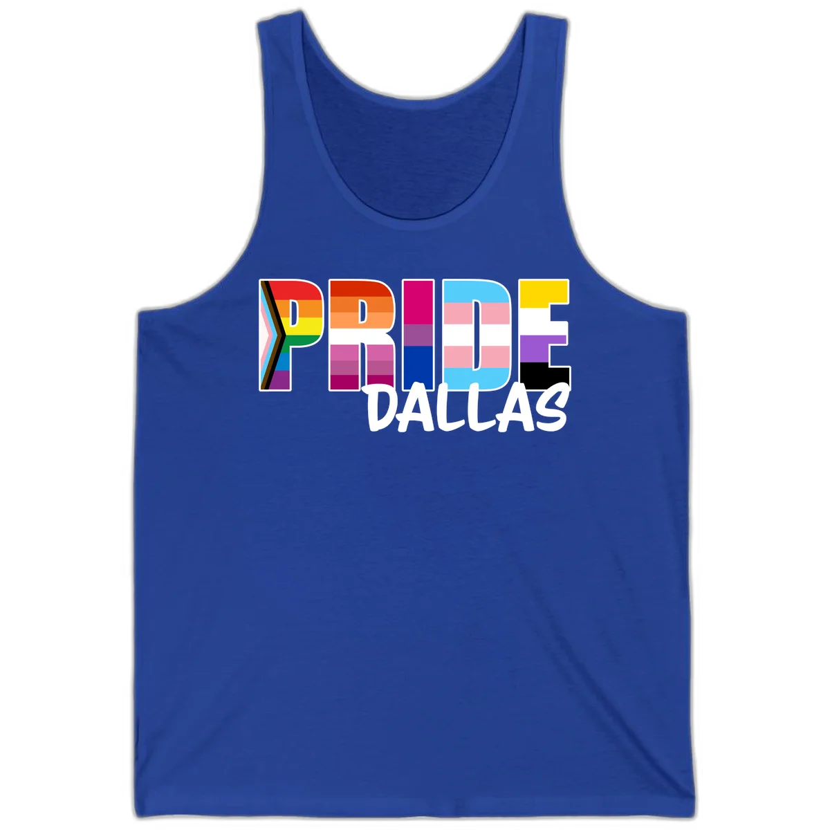 Pride Dallas design with large colorful block letters filled with rainbow and pride flag colors including progress chevron stripes in True Royal