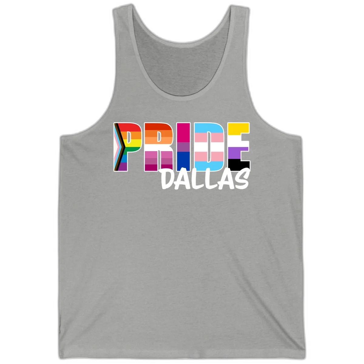 Pride Dallas design with large colorful block letters filled with rainbow and pride flag colors including progress chevron stripes in Athletic Heather