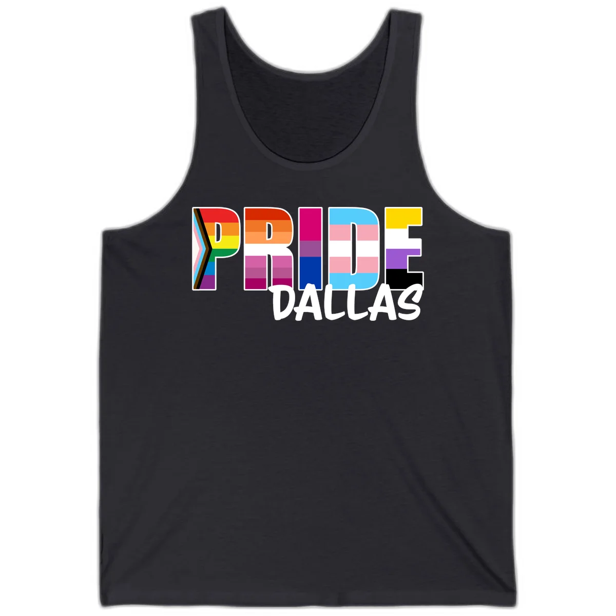 Pride Dallas design with large colorful block letters filled with rainbow and pride flag colors including progress chevron stripes in Dark Grey