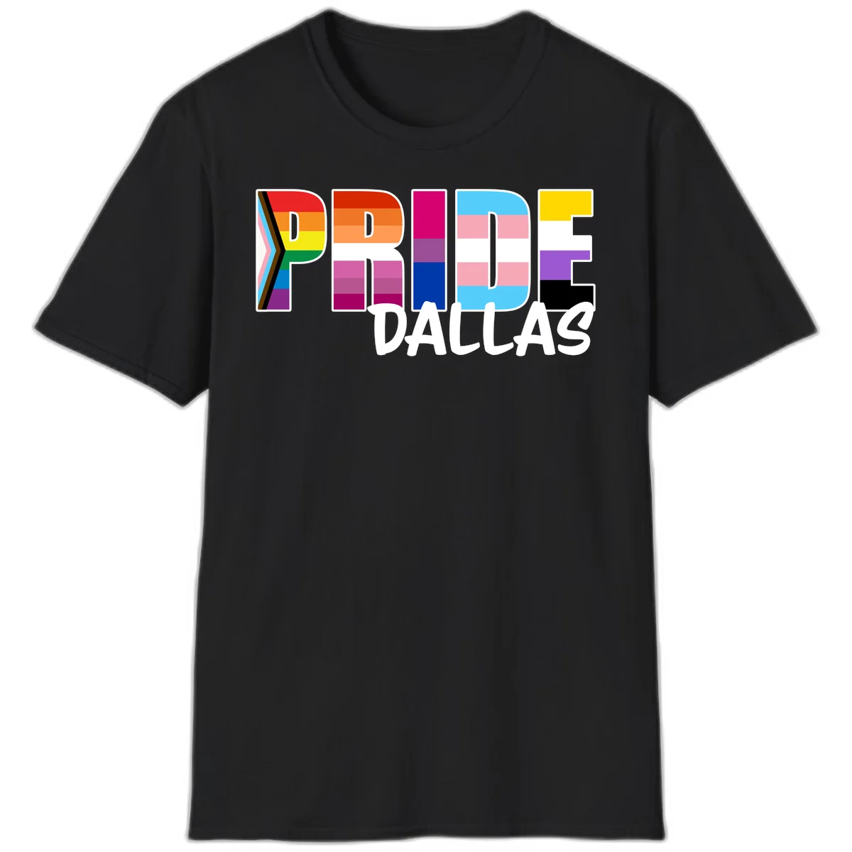 Pride Dallas design with large colorful block letters filled with rainbow and pride flag colors including progress chevron stripes in Black