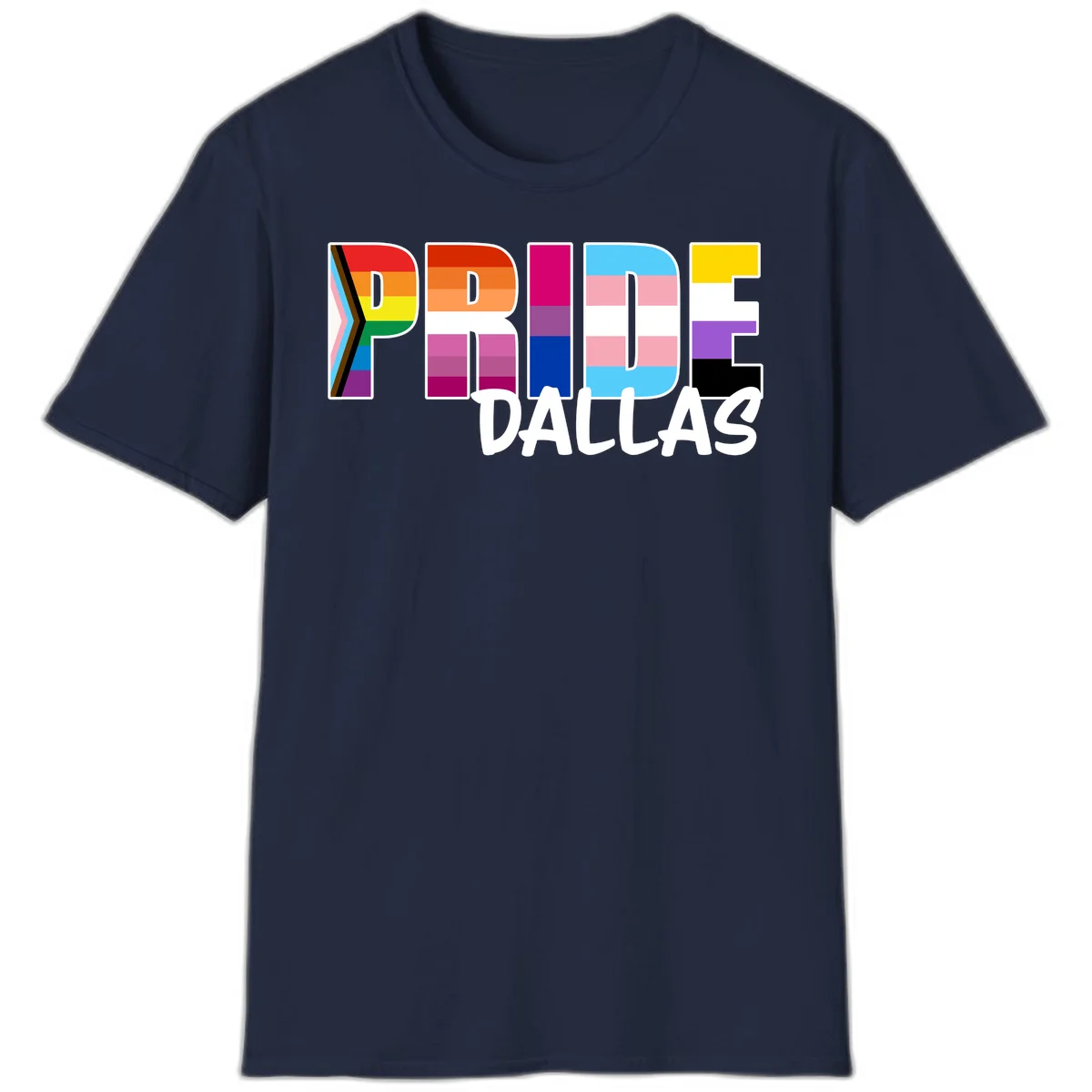 Pride Dallas design with large colorful block letters filled with rainbow and pride flag colors including progress chevron stripes in Navy