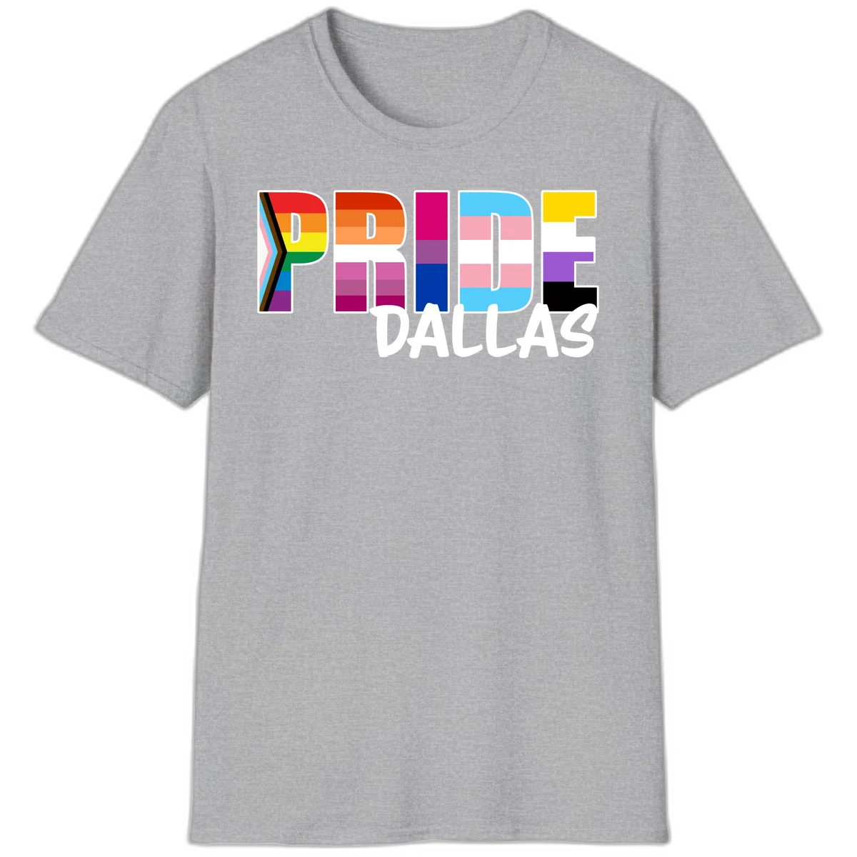 Pride Dallas design with large colorful block letters filled with rainbow and pride flag colors including progress chevron stripes in Sport Grey