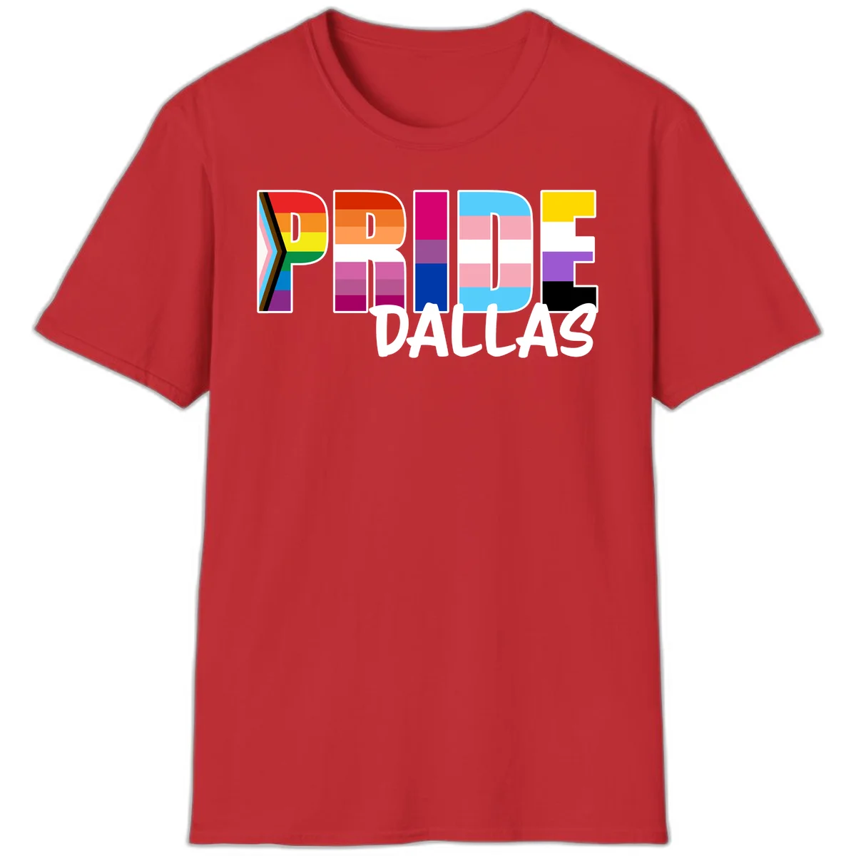 Pride Dallas design with large colorful block letters filled with rainbow and pride flag colors including progress chevron stripes in Red