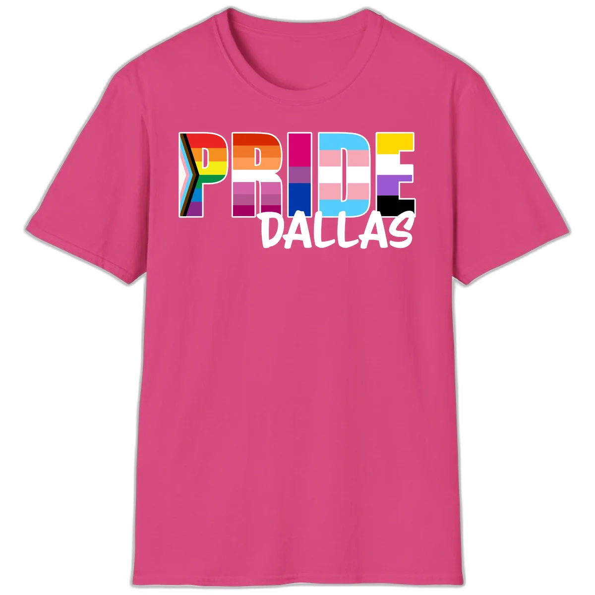 Pride Dallas design with large colorful block letters filled with rainbow and pride flag colors including progress chevron stripes in Heliconia