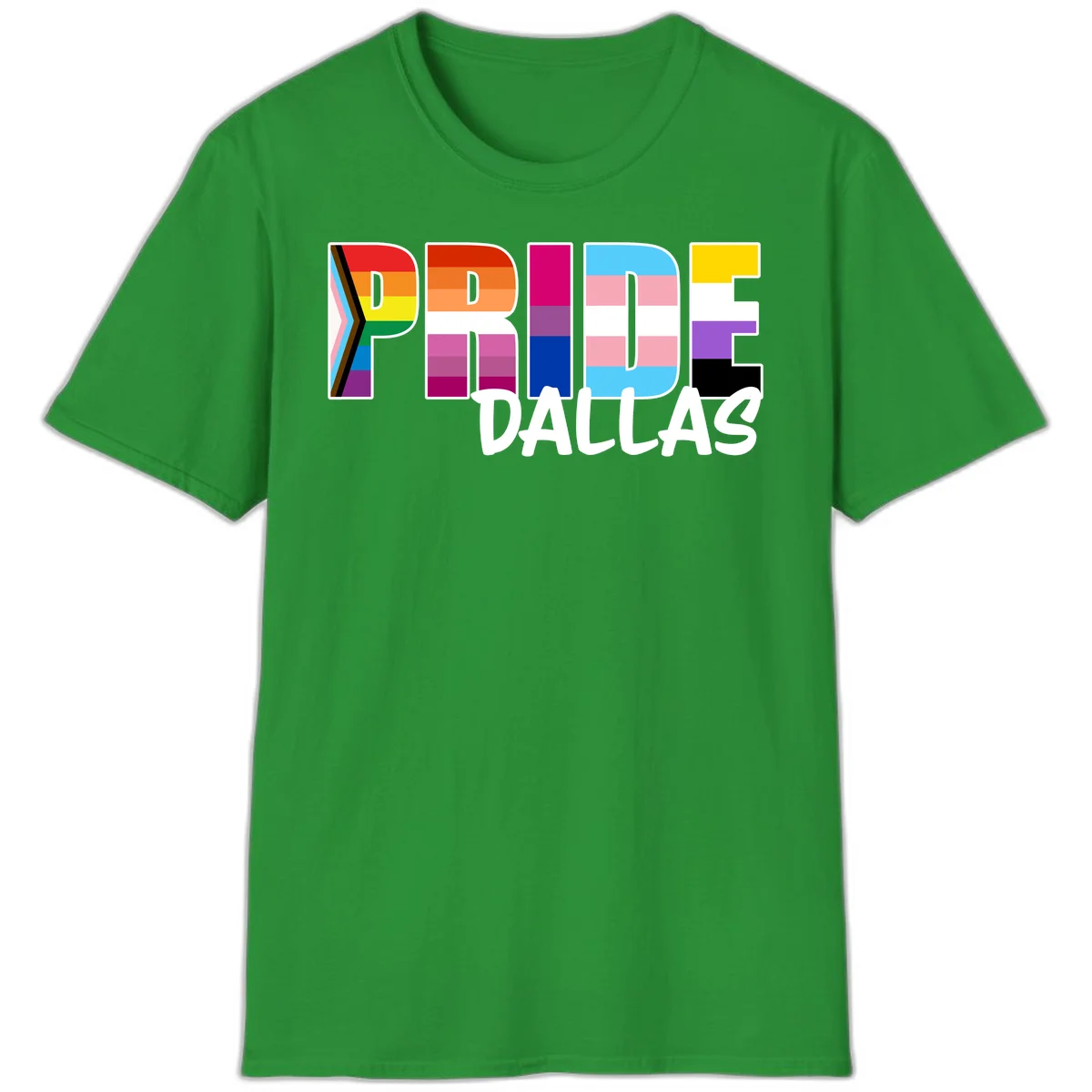 Pride Dallas design with large colorful block letters filled with rainbow and pride flag colors including progress chevron stripes in Irish Green