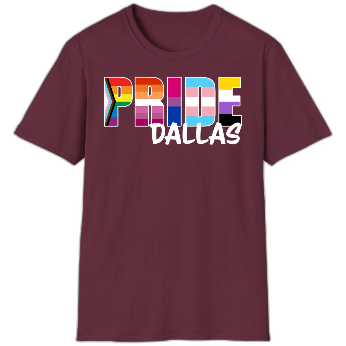 Pride Dallas design with large colorful block letters filled with rainbow and pride flag colors including progress chevron stripes in Maroon