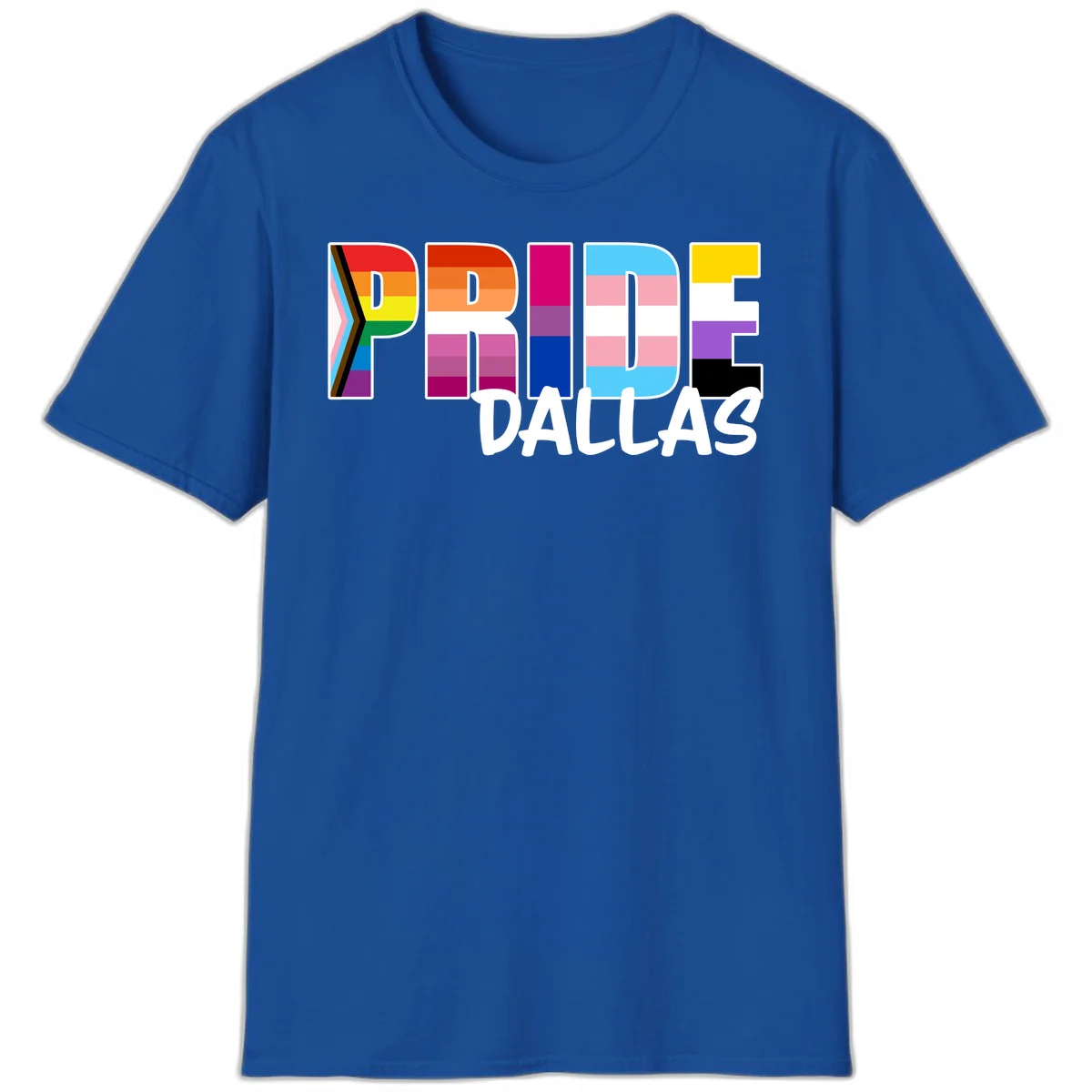 Pride Dallas design with large colorful block letters filled with rainbow and pride flag colors including progress chevron stripes in Royal