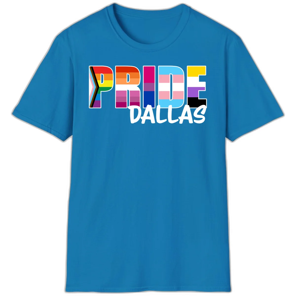 Pride Dallas design with large colorful block letters filled with rainbow and pride flag colors including progress chevron stripes in Sapphire
