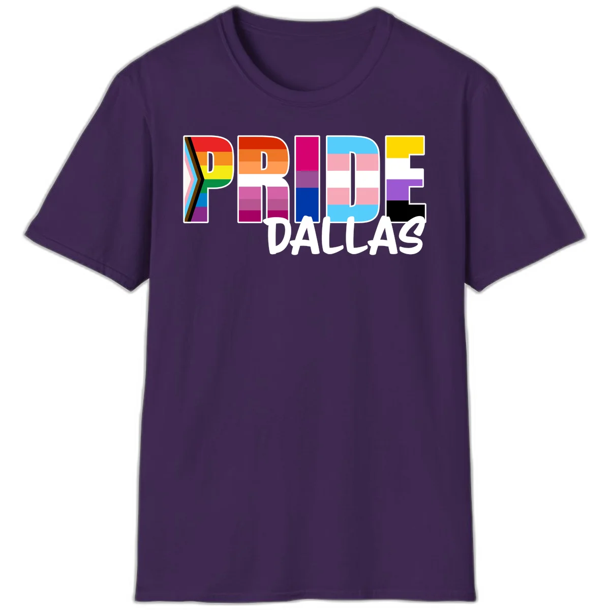 Pride Dallas design with large colorful block letters filled with rainbow and pride flag colors including progress chevron stripes in Purple
