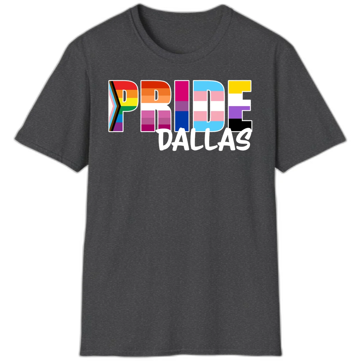 Pride Dallas design with large colorful block letters filled with rainbow and pride flag colors including progress chevron stripes in Dark Heather