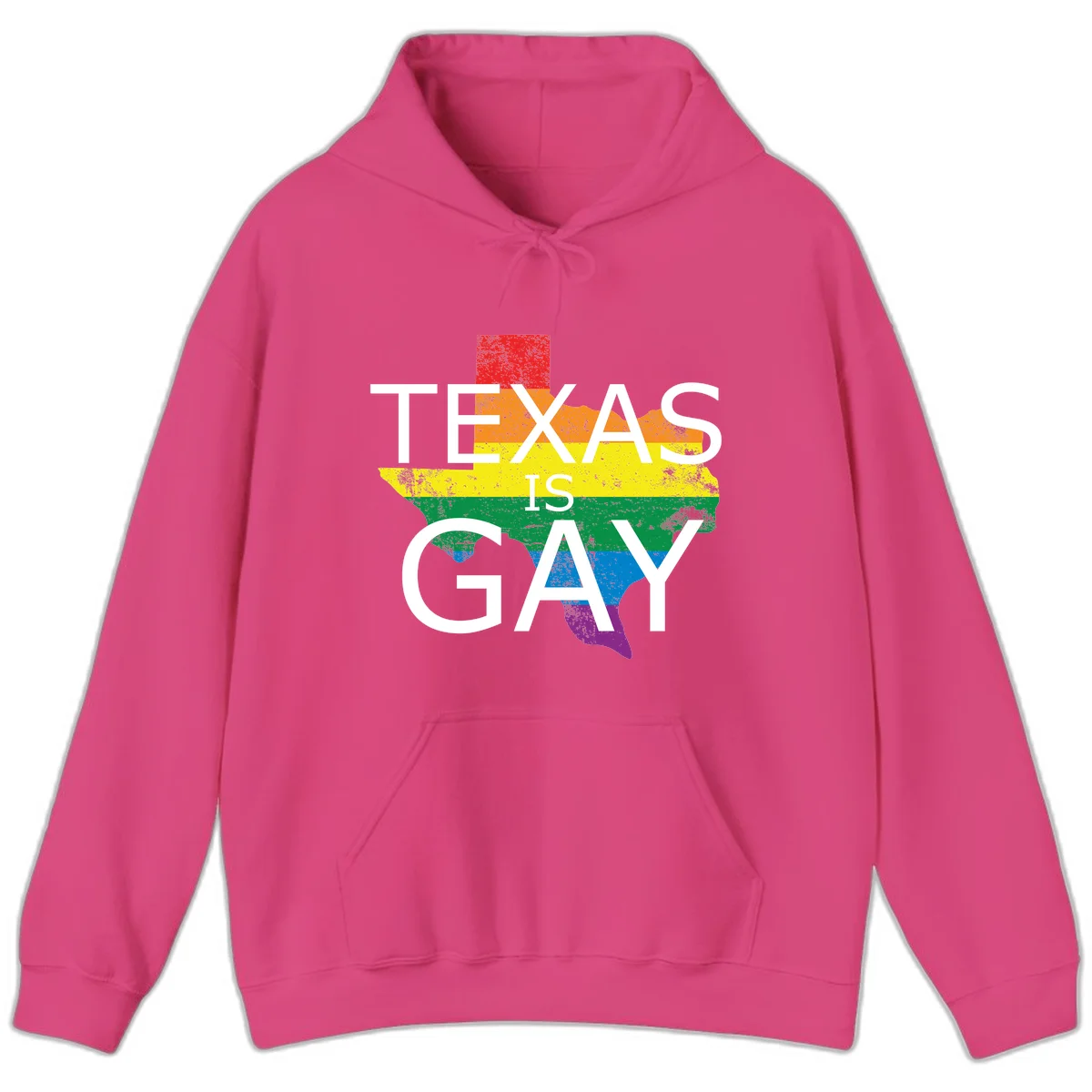 Texas state map filled with rainbow pride flag colors and white text reading 'Texas Is A Gay' in Heliconia