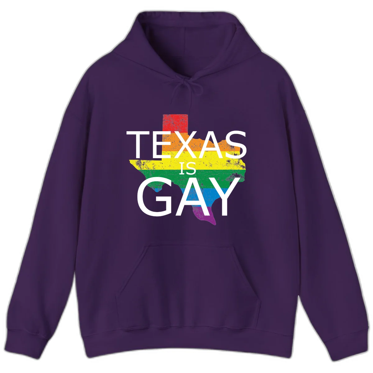 Texas state map filled with rainbow pride flag colors and white text reading 'Texas Is A Gay' in Purple