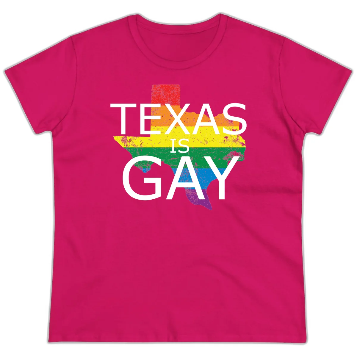 Texas state map filled with rainbow pride flag colors and white text reading 'Texas Is A Gay' in Heliconia