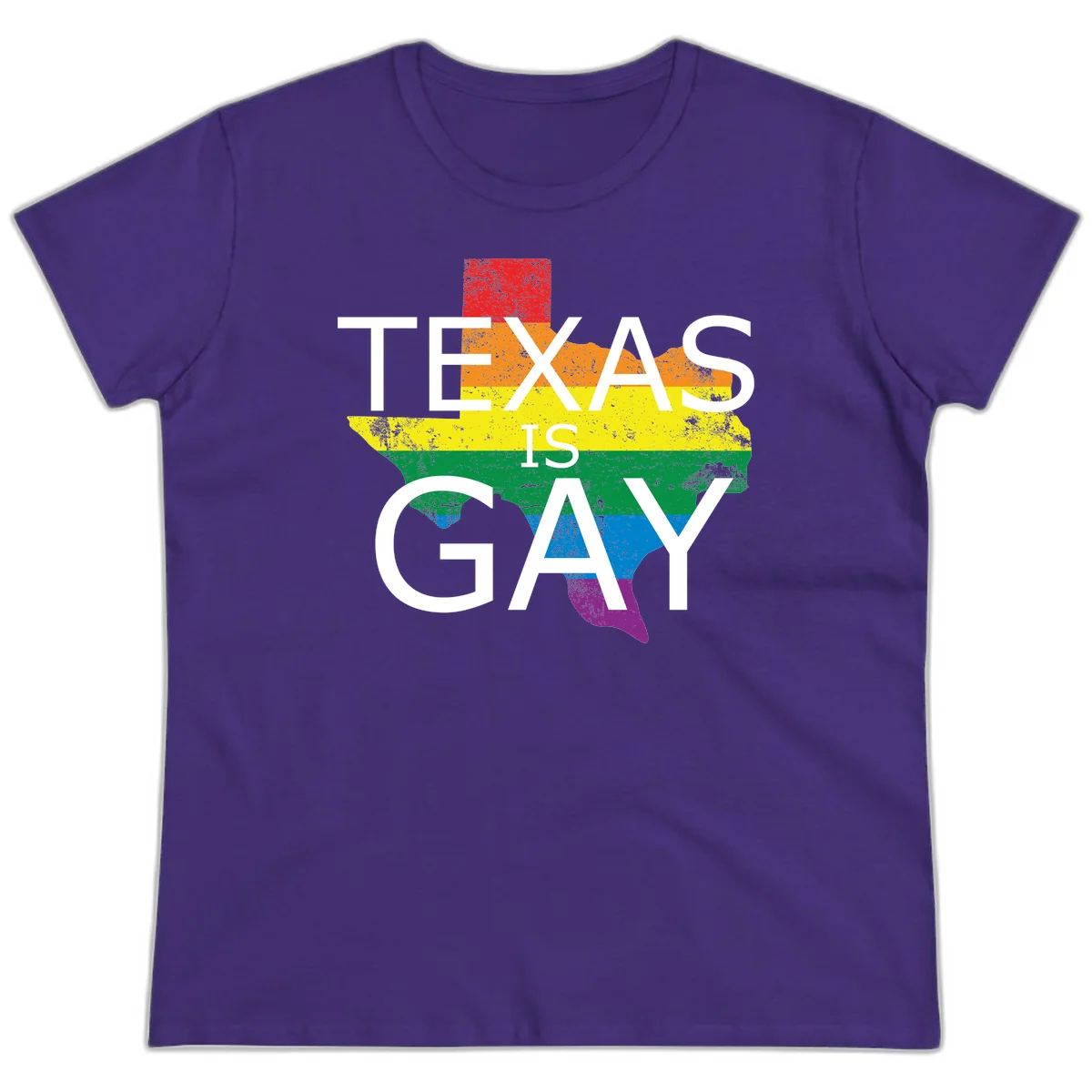 Texas state map filled with rainbow pride flag colors and white text reading 'Texas Is A Gay' in Purple