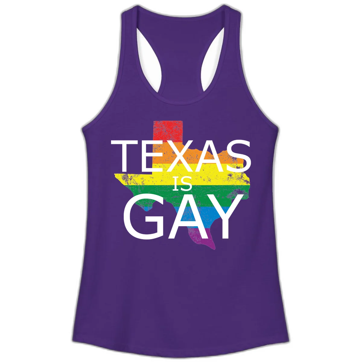 Texas state map filled with rainbow pride flag colors and white text reading 'Texas Is A Gay' in Solid Purple Rush