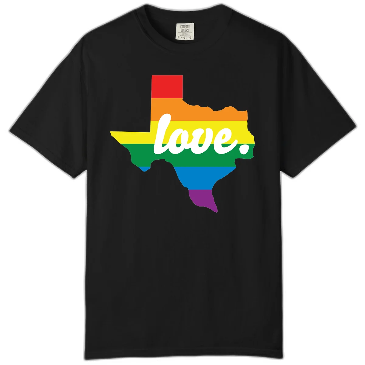 Texas state outline filled with rainbow pride stripes and white script text reading 'love.' in Black