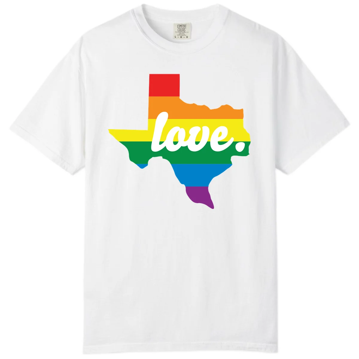 Texas state outline filled with rainbow pride stripes and white script text reading 'love.' in White
