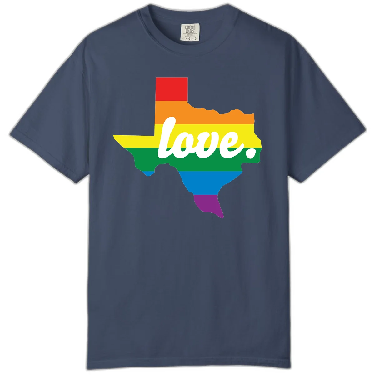 Texas state outline filled with rainbow pride stripes and white script text reading 'love.' in Midnight