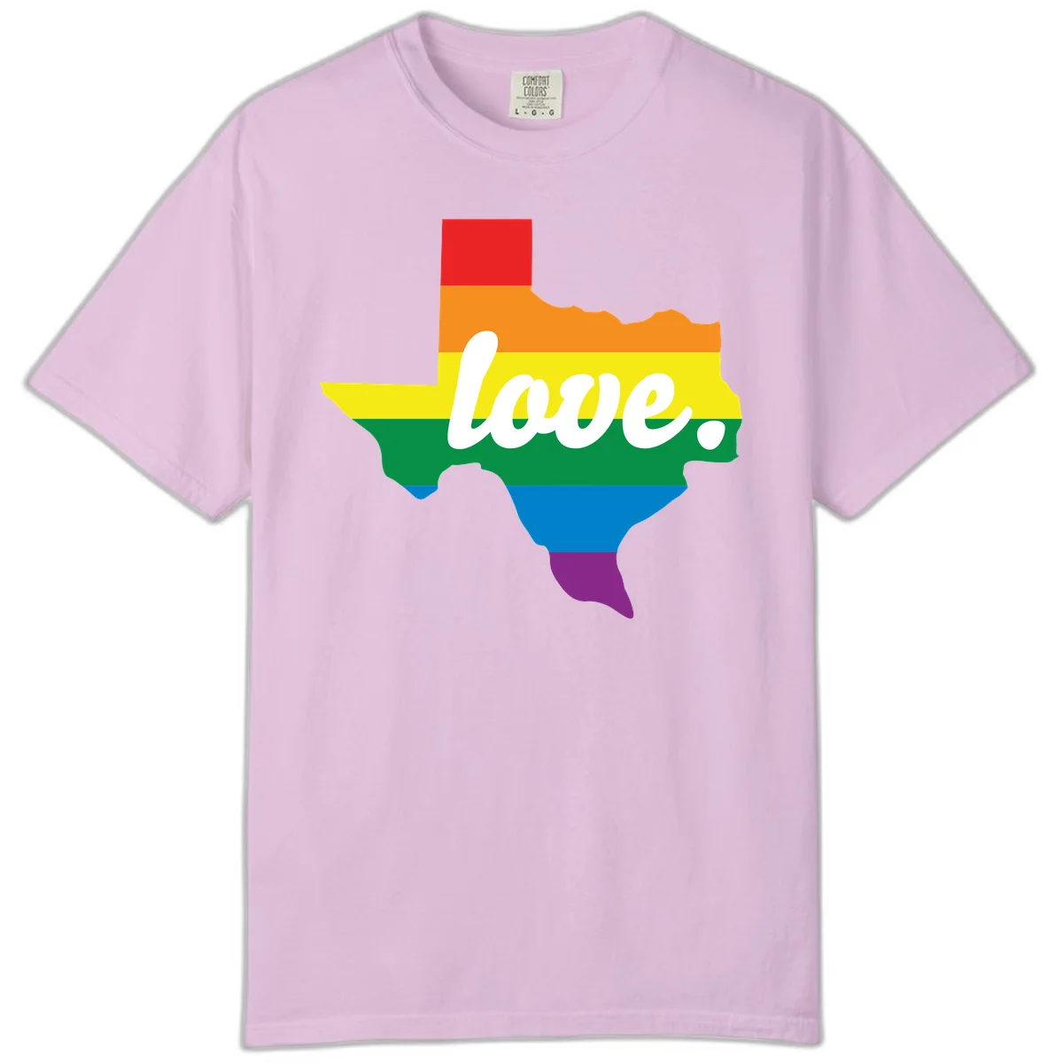 Texas state outline filled with rainbow pride stripes and white script text reading 'love.' in Orchid