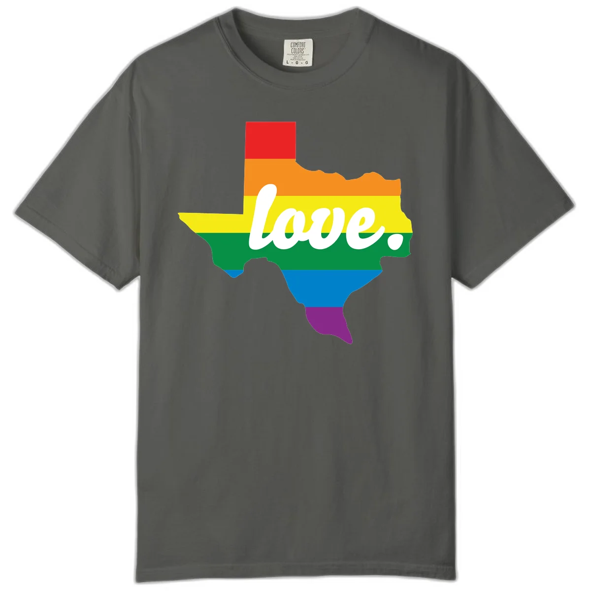 Texas state outline filled with rainbow pride stripes and white script text reading 'love.' in Pepper