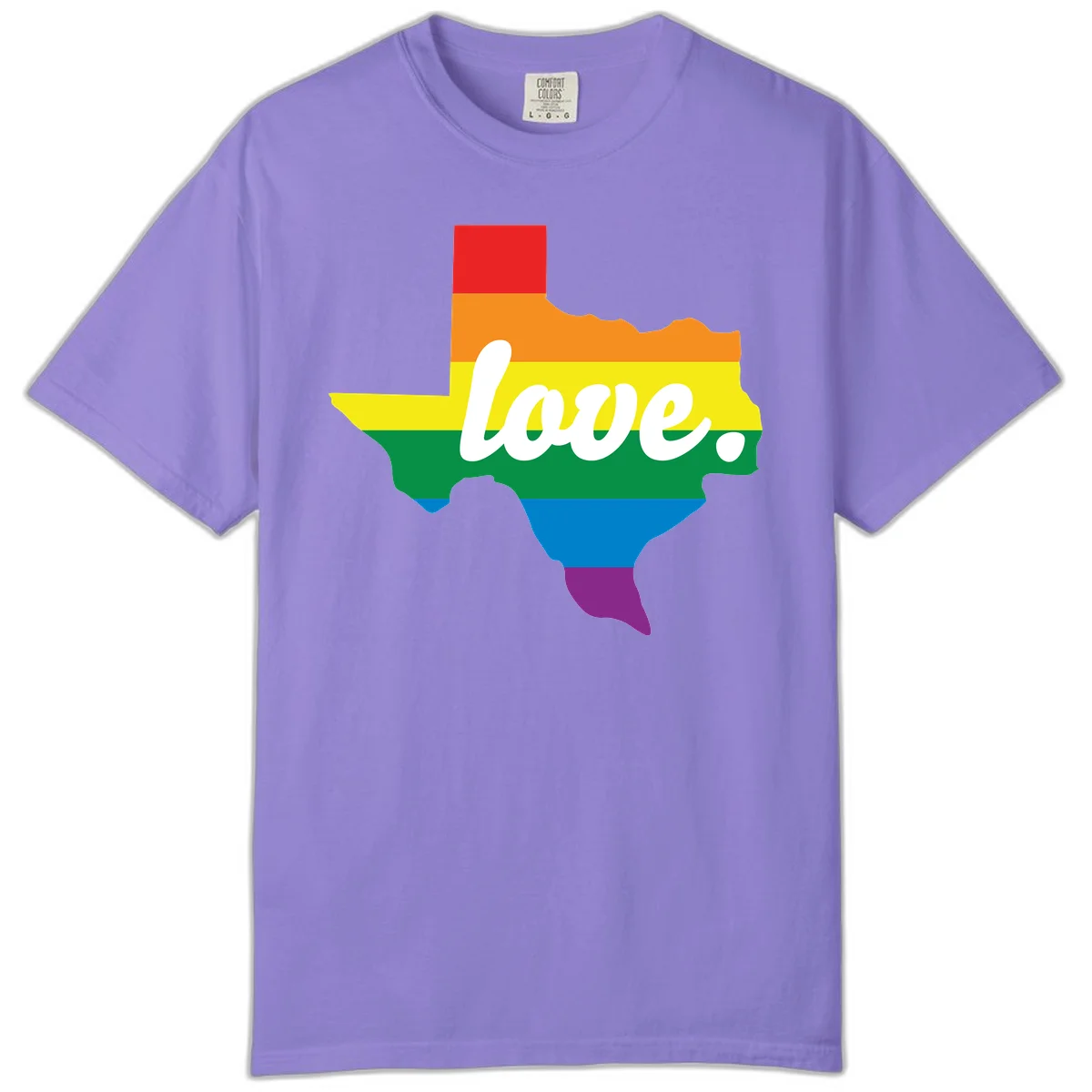 Texas state outline filled with rainbow pride stripes and white script text reading 'love.' in Violet