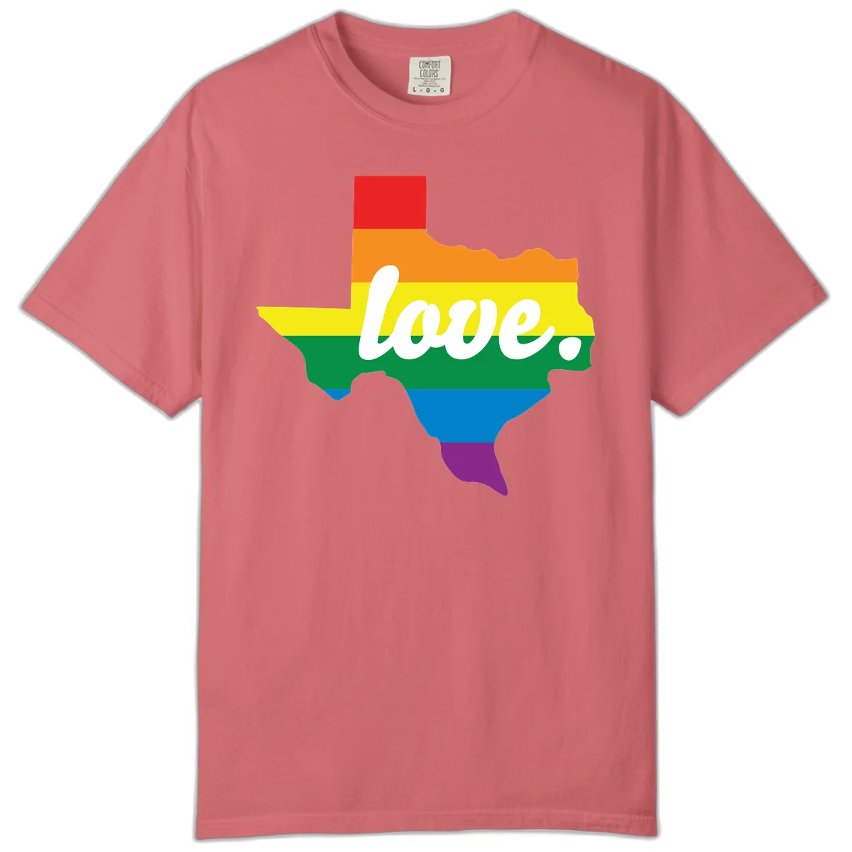 Texas state outline filled with rainbow pride stripes and white script text reading 'love.' in Watermelon