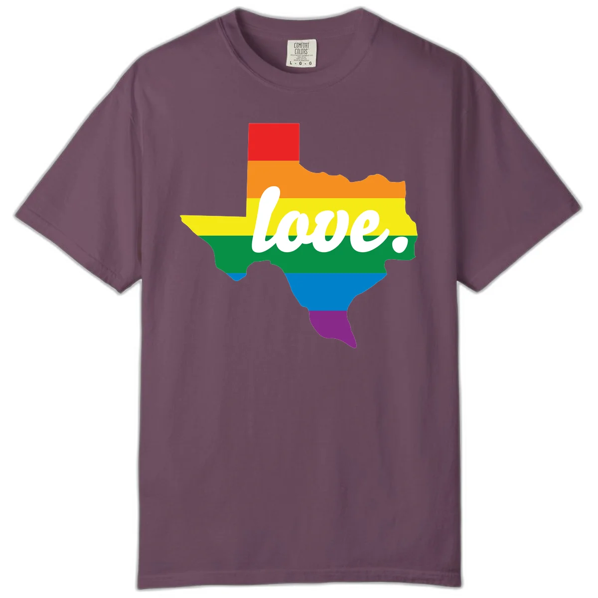Texas state outline filled with rainbow pride stripes and white script text reading 'love.' in Berry