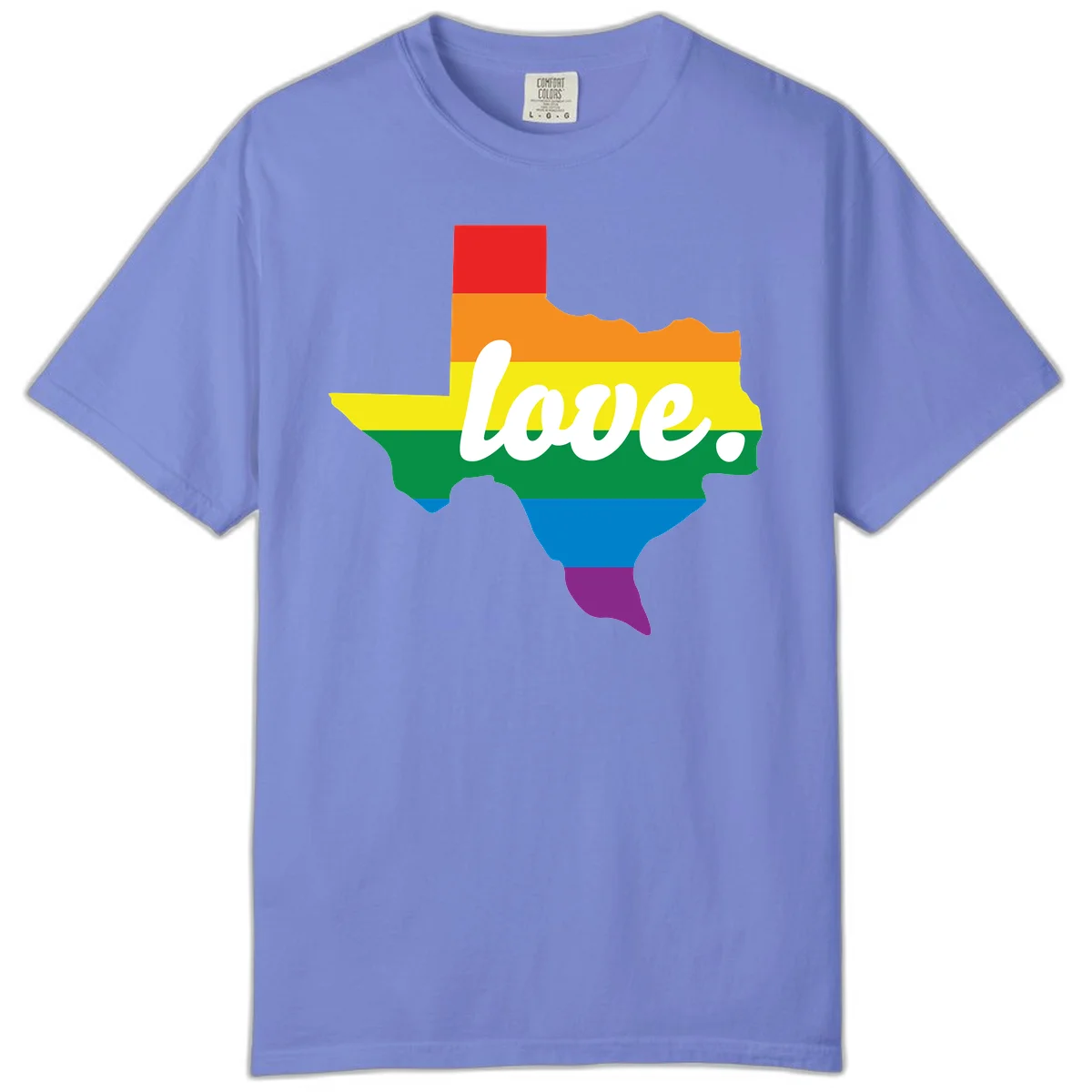Texas state outline filled with rainbow pride stripes and white script text reading 'love.' in Flo Blue