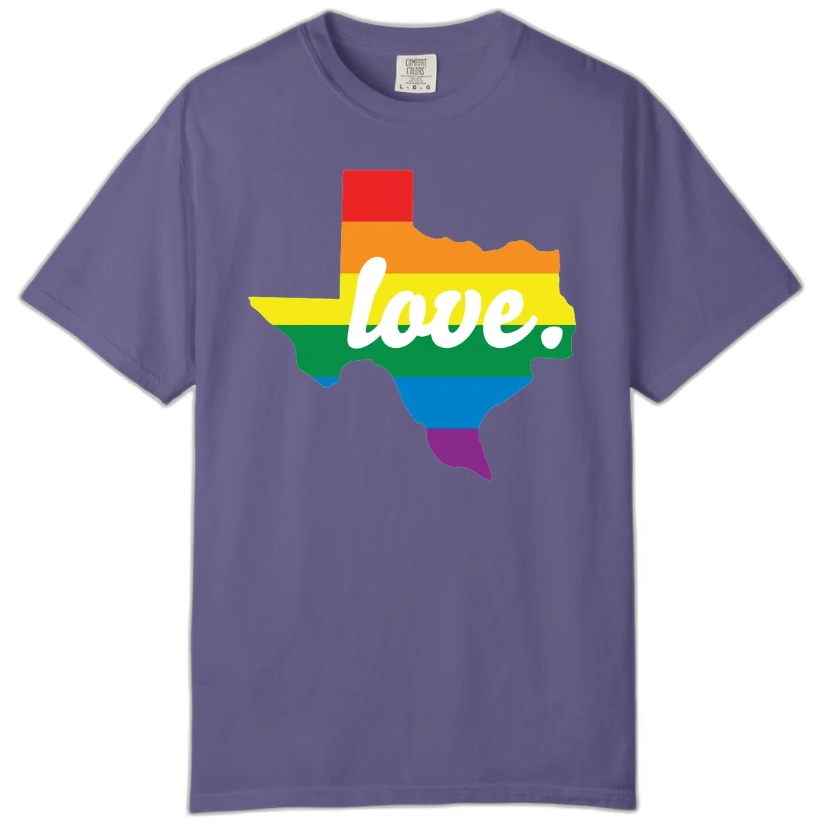 Texas state outline filled with rainbow pride stripes and white script text reading 'love.' in Grape