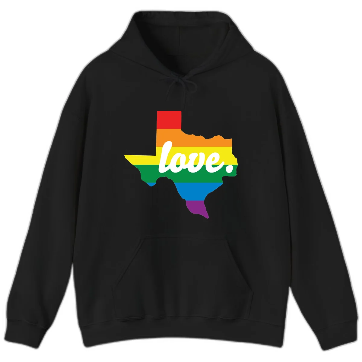 Texas state outline filled with rainbow pride stripes and white script text reading 'love.' in Black