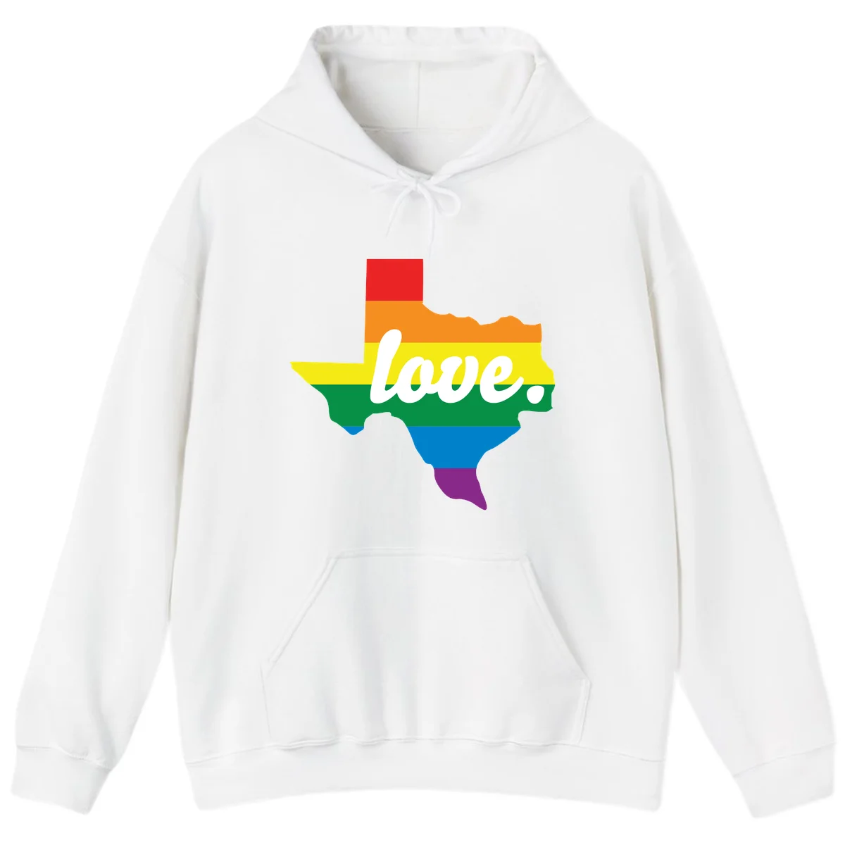 Texas state outline filled with rainbow pride stripes and white script text reading 'love.' in White