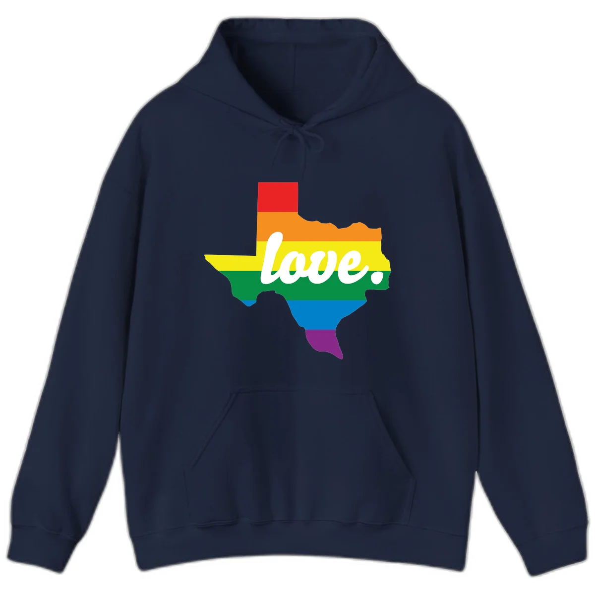 Texas state outline filled with rainbow pride stripes and white script text reading 'love.' in Navy