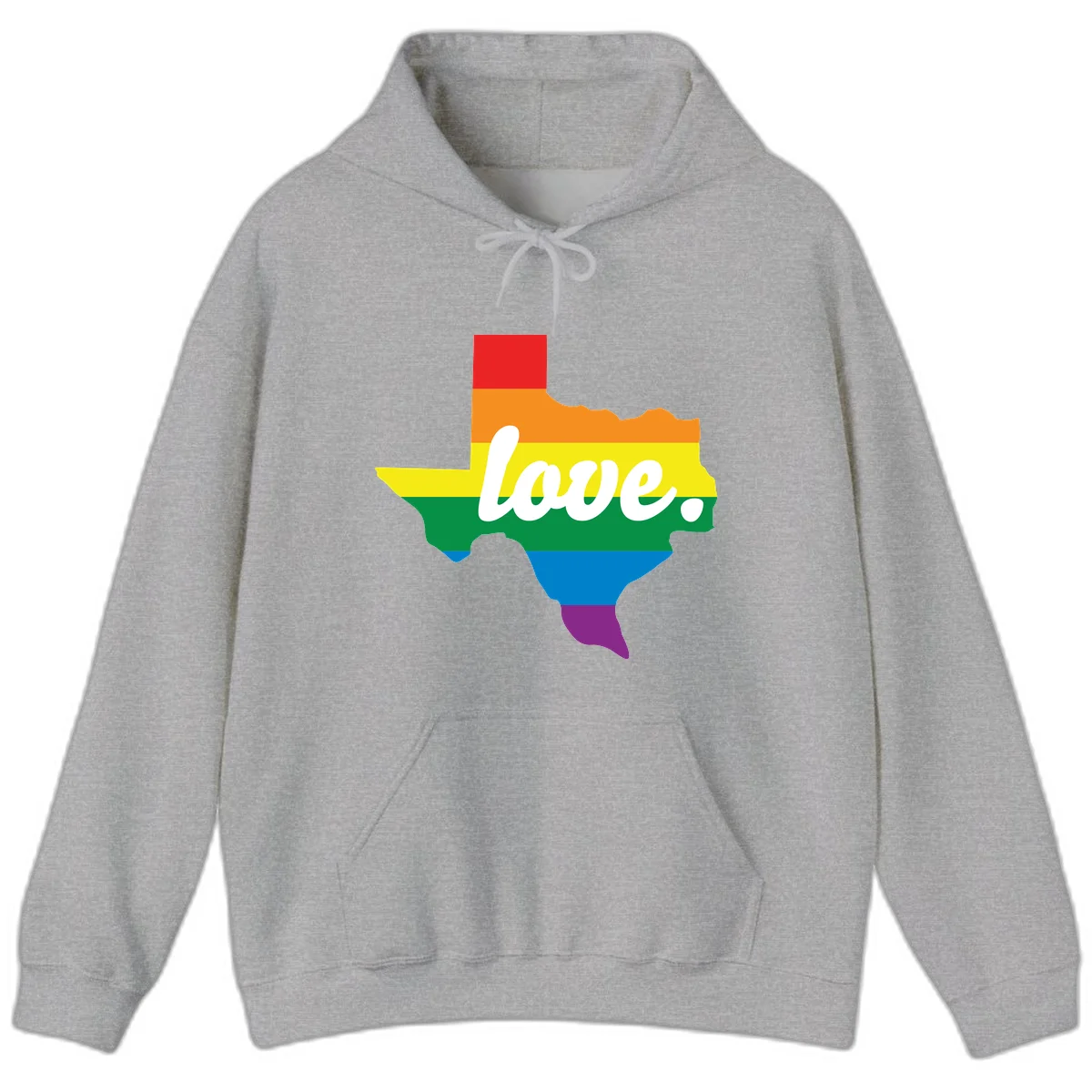 Texas state outline filled with rainbow pride stripes and white script text reading 'love.' in Sport Grey