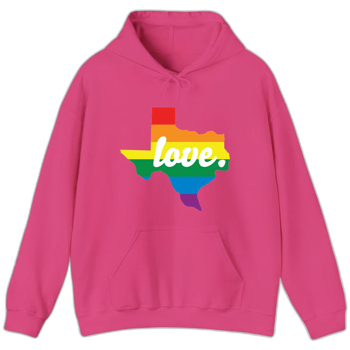 Texas state outline filled with rainbow pride stripes and white script text reading 'love.' in Heliconia