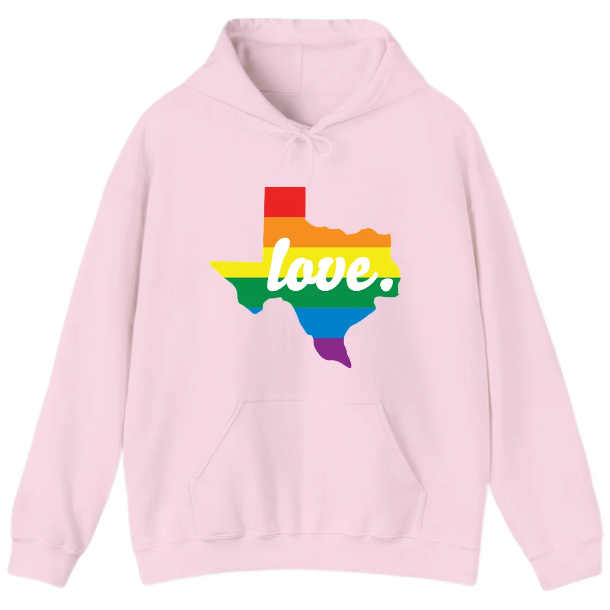Texas state outline filled with rainbow pride stripes and white script text reading 'love.' in Light Pink