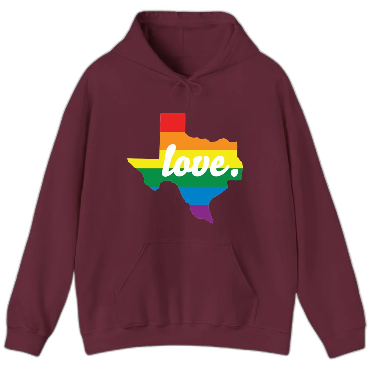 Texas state outline filled with rainbow pride stripes and white script text reading 'love.' in Maroon