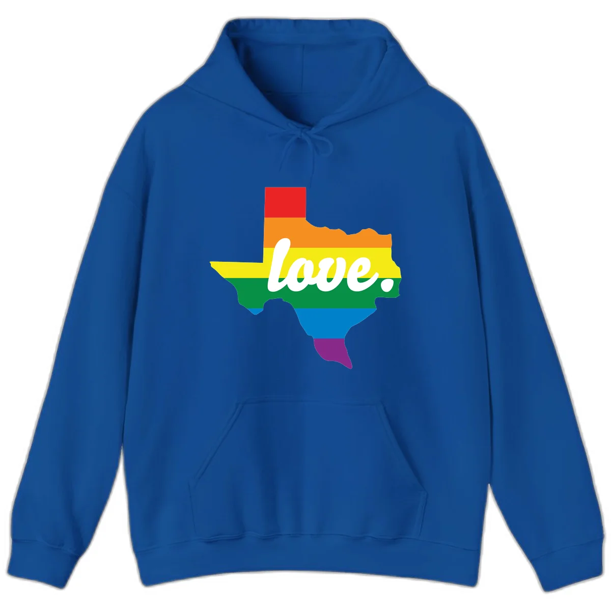 Texas state outline filled with rainbow pride stripes and white script text reading 'love.' in Royal