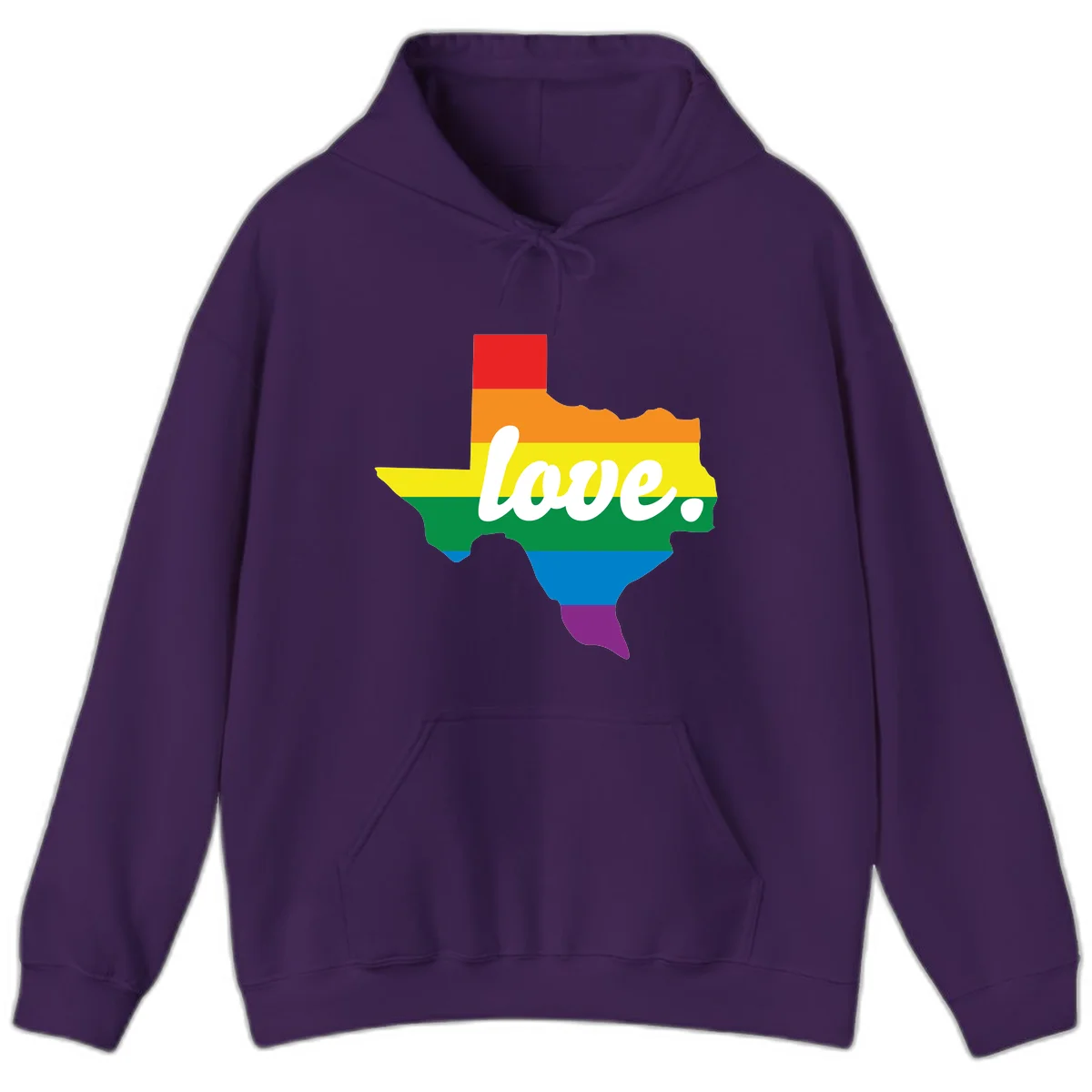 Texas state outline filled with rainbow pride stripes and white script text reading 'love.' in Purple
