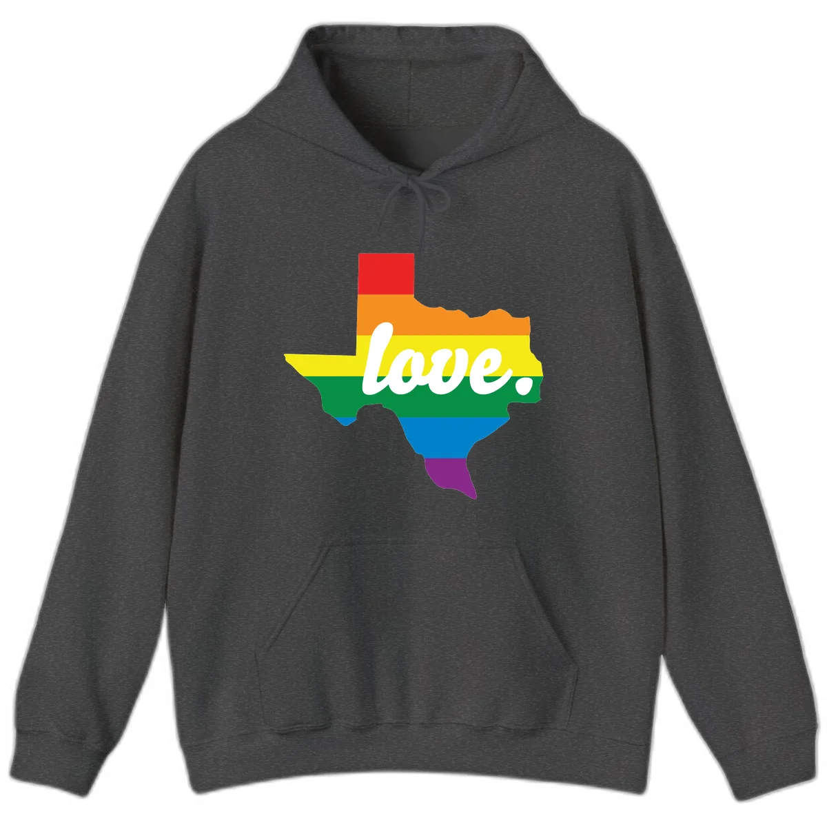 Texas state outline filled with rainbow pride stripes and white script text reading 'love.' in Dark Heather