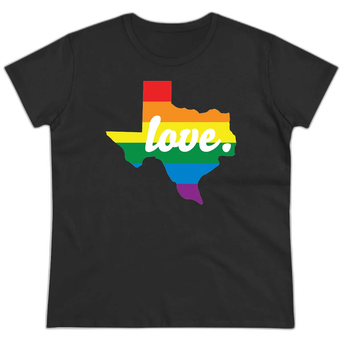 Texas state outline filled with rainbow pride stripes and white script text reading 'love.' in Black