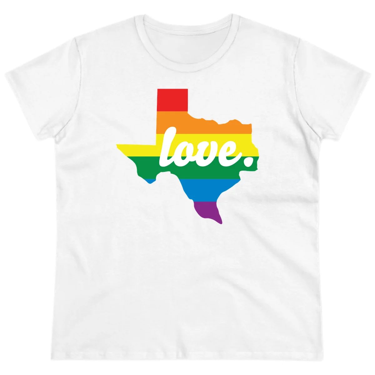 Texas state outline filled with rainbow pride stripes and white script text reading 'love.' in White