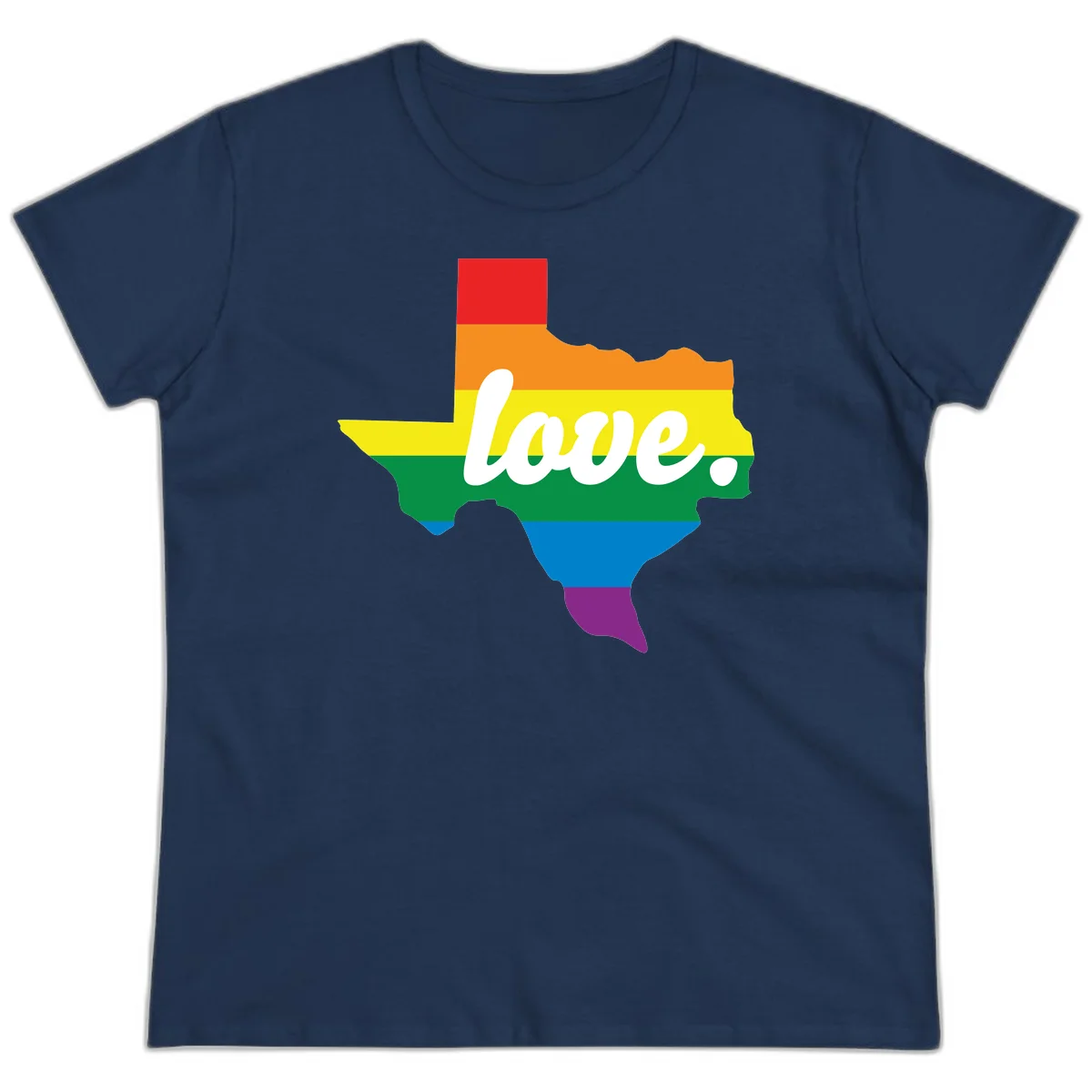 Texas state outline filled with rainbow pride stripes and white script text reading 'love.' in Navy